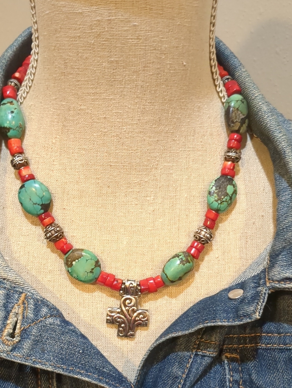 Handcrafted Turquoise & Red Coral Bead Cross Necklace